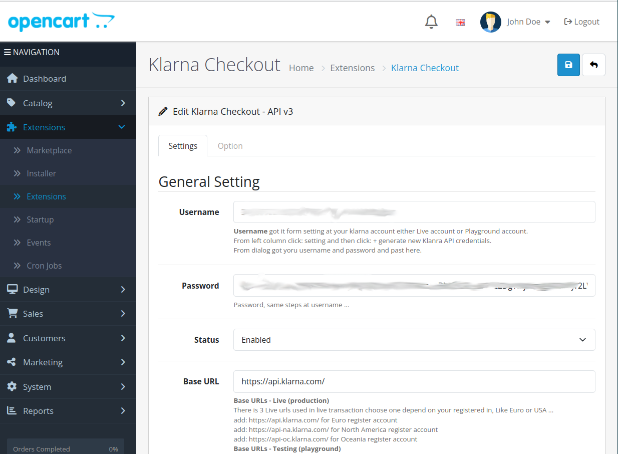 Klarna Checkout Setting