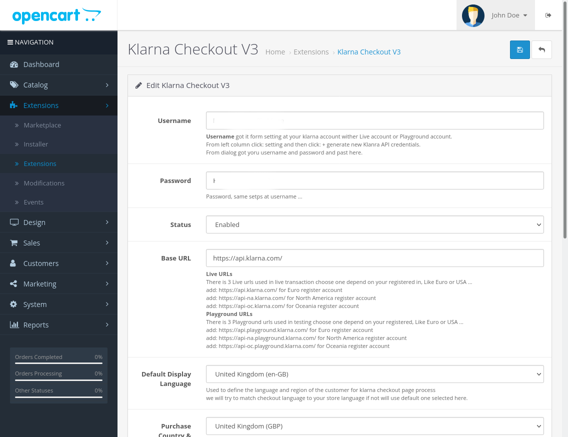 Klarna Checkout Setting